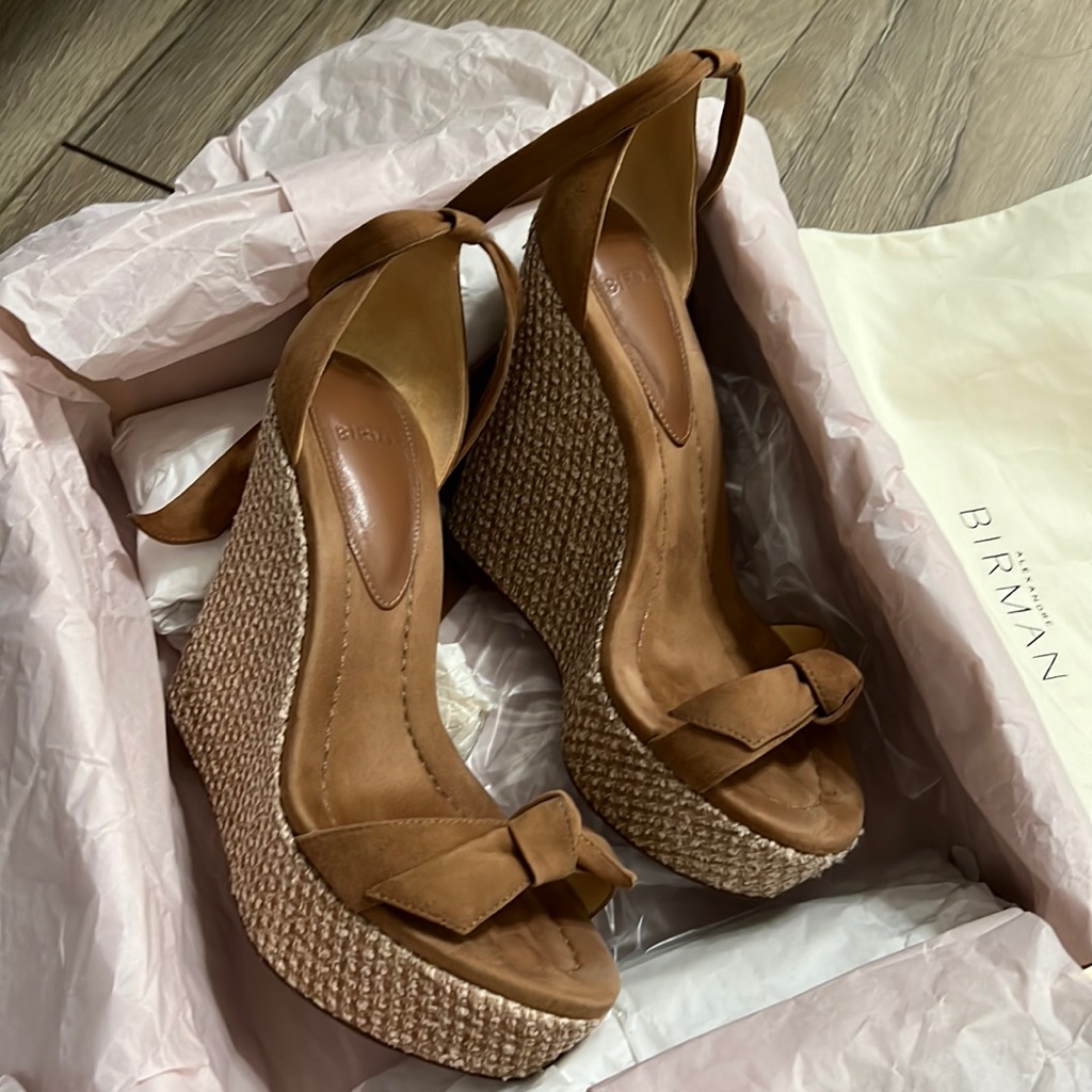 Alexandre Birman Clarita Wedge 120 Leather Suede Raye Fabric Light Beige (It35)